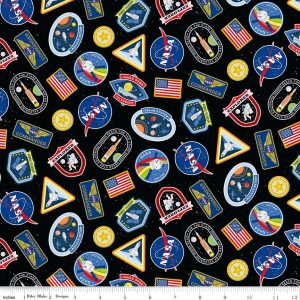 Reach for the Stars with NASA Patches Black Fat Quarter