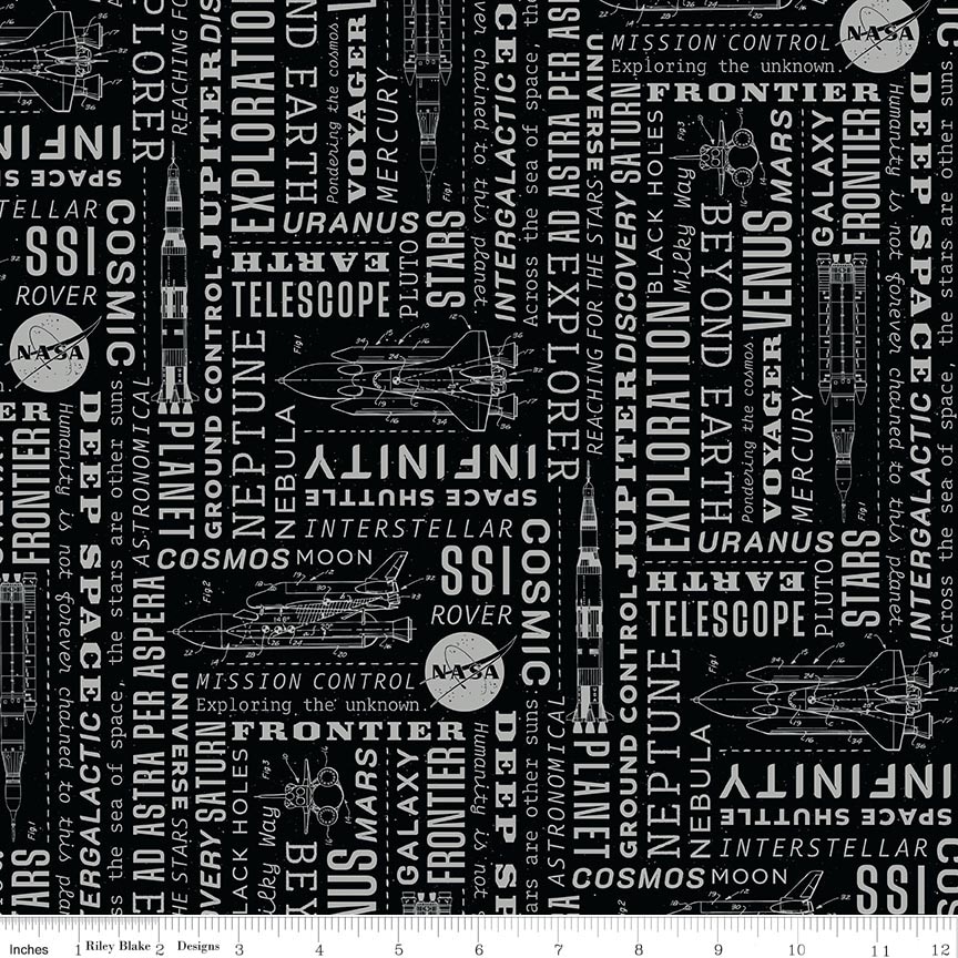 Reach for the Stars with NASA Text Black Fat Quarter