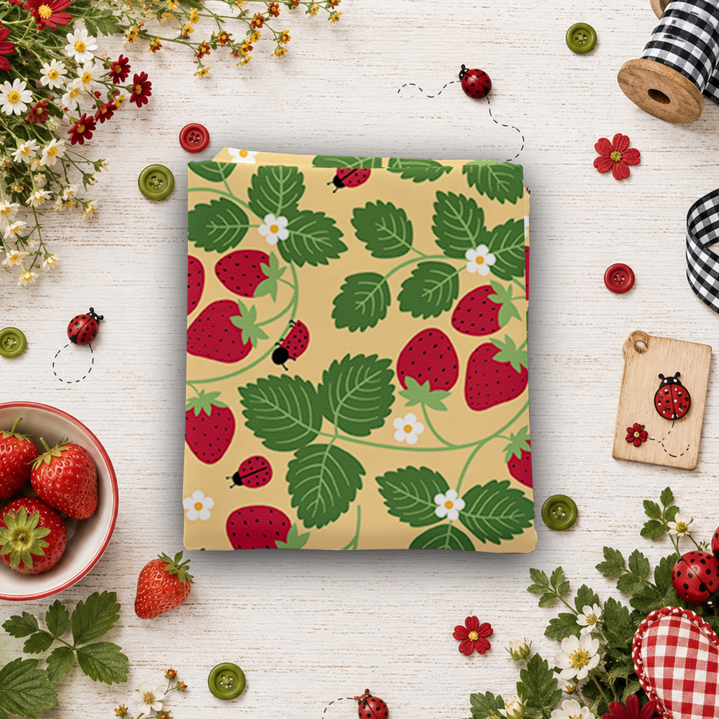 Little Ladybug Strawberries Yellow Fat Quarter